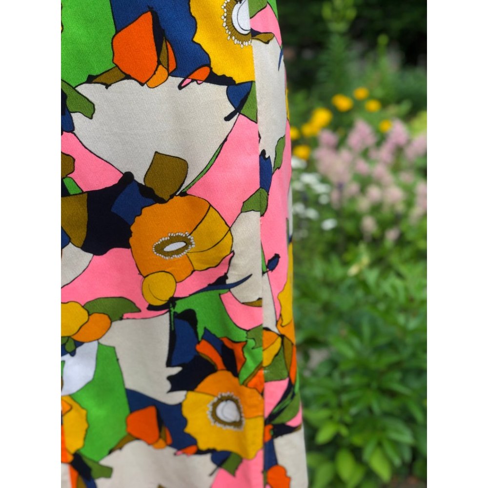 Vintage 60s/70s Psychedelic Floral Citrus Fruit Flower Power Hostess Maxi Dress - Picture 13 of 16